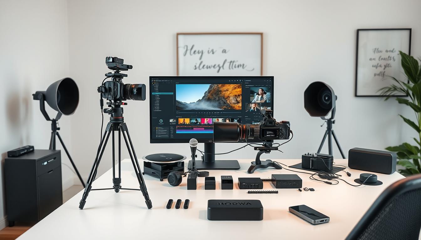 A modern, well-equipped AI video editing studio with a variety of cutting-edge tools. In the foreground, a sleek, black desktop computer with a large, high-resolution display. On the screen, a video editing interface with advanced features like timeline, color correction, and special effects. Beside the computer, a high-end, professional-grade camera on a sturdy tripod, capturing the scene. In the middle ground, a variety of accessories such as microphones, lighting equipment, and external storage devices, all neatly organized on a minimalist, white desk. The background showcases a minimalist, yet sophisticated workspace with clean lines, ample natural lighting, and a subtle, inspirational wall art piece. The overall atmosphere is one of creativity, efficiency, and technological prowess, perfectly suited for content creators seeking to elevate their video production capabilities.