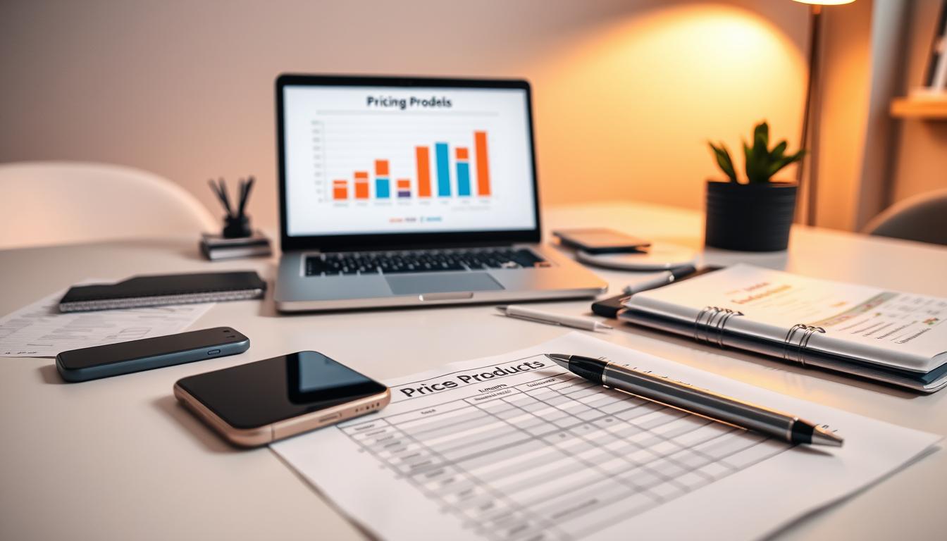 A neatly arranged desk with various digital devices and business documents, illuminated by warm, directional lighting. In the foreground, a laptop screen displays a graph showcasing different pricing models for digital products. The middle ground features a smartphone, a tablet, and a pen resting on a spreadsheet, hinting at the analytical and strategic nature of pricing decisions. The background showcases a minimal, modern office setting with clean lines and neutral tones, creating a professional, focused atmosphere. The overall composition conveys a sense of thoughtful consideration and strategic planning around the pricing of digital offerings.