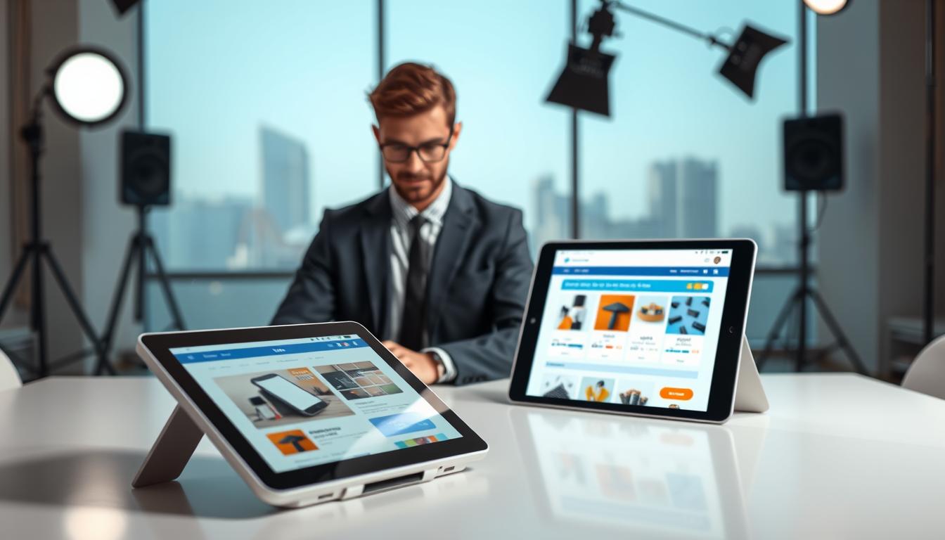 A well-lit studio with a modern, minimalist aesthetic. In the foreground, a sleek, high-quality digital device, such as a tablet or laptop, prominently displaying a digital product storefront. The device is positioned on a clean, white desk with subtle metallic accents. In the middle ground, a person, smartly dressed in business casual attire, is engaged in the process of uploading or managing digital products, their expression focused and determined. The background features a softly blurred cityscape or office environment, conveying a sense of professionalism and productivity. The overall scene exudes an air of efficiency, innovation, and the seamless integration of technology in the process of selling digital goods.