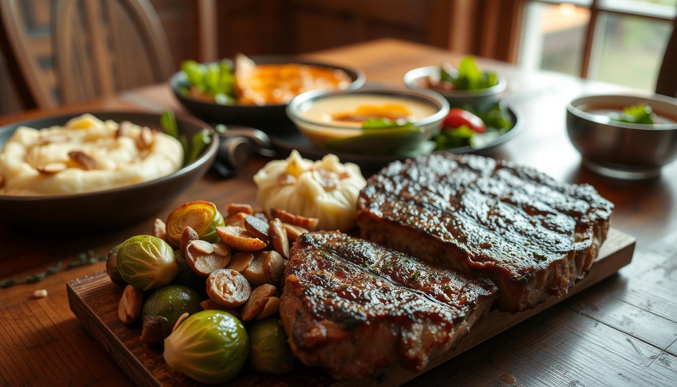 A rustic wooden table set with a variety of delectable side dishes to complement a perfectly seared bison steak. In the foreground, roasted brussels sprouts with crispy edges, caramelized onions, and a sprinkle of toasted almonds. In the middle, a creamy mashed potato casserole with a golden-brown crust. In the background, a vibrant green salad with a tangy vinaigrette, and a small bowl of homemade bison gravy. Soft, ambient lighting from a nearby window casts a warm glow over the scene, highlighting the rich colors and textures of the dishes. The overall mood is one of comforting, home-cooked elegance, perfectly suited to showcase the hearty, flavorful bison steak.