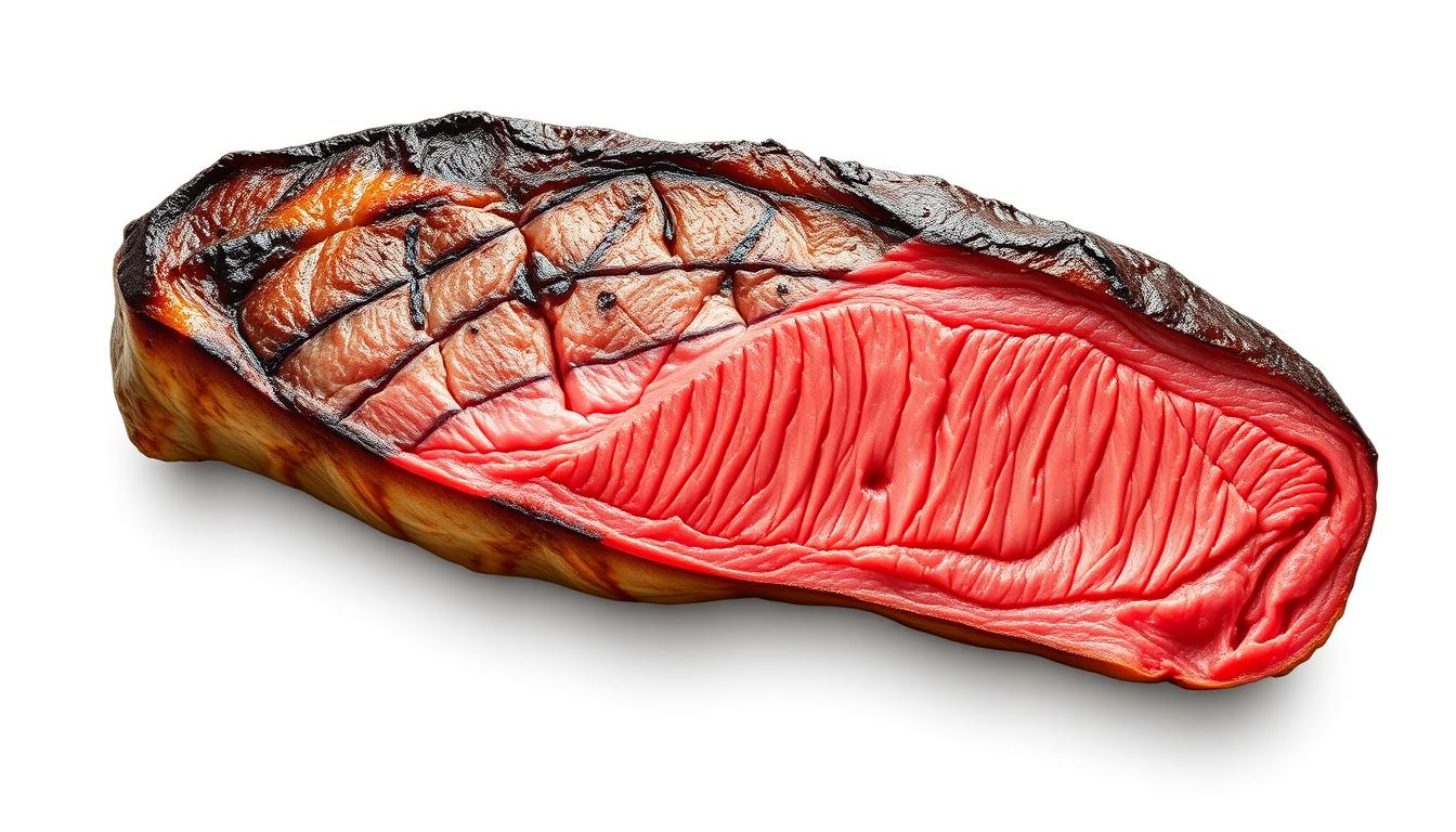 A meticulously detailed cutaway diagram showcasing the internal temperature gradients of a perfectly cooked steak, set against a clean white background. The steak is sliced precisely in half, revealing its intricate layers - from the charred exterior, to the juicy medium-rare center, to the gradual transition of hues and textures in between. Subtle lighting casts soft shadows, accentuating the scientific precision. The composition is balanced, highlighting the key temperature zones with clear visual cues. An illustration that elegantly bridges the gap between culinary art and evidence-based food science.