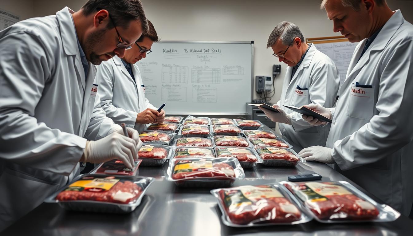 A well-lit, high-resolution investigative scene depicting a team of government inspectors meticulously examining packages of Aladdin ground beef on a stainless steel table. The inspectors, wearing white lab coats and gloves, closely scrutinize the packaging, taking notes and conferring with one another. In the background, a whiteboard displays technical data and test results. A sense of serious inquiry and concern permeates the atmosphere, as the team works diligently to uncover the source and extent of the recent safety recall.
