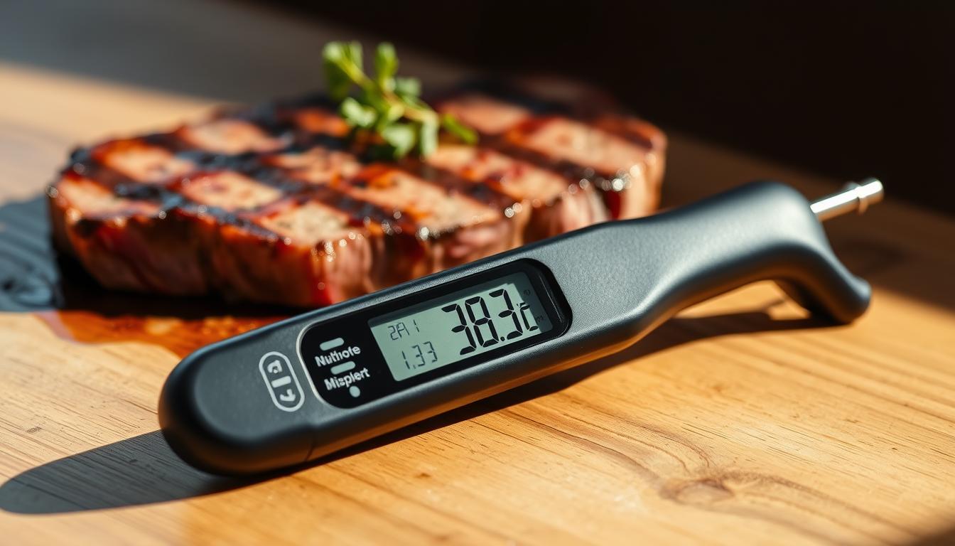 A high-quality meat thermometer resting on a wooden table, with a steak in the background. The thermometer is displayed prominently, its digital display clearly visible. The lighting is warm and natural, casting subtle shadows. The camera angle is slightly elevated, providing a clear view of the thermometer and the steak. The overall mood is one of culinary expertise and precision, highlighting the importance of using a meat thermometer to achieve the perfect steak doneness.