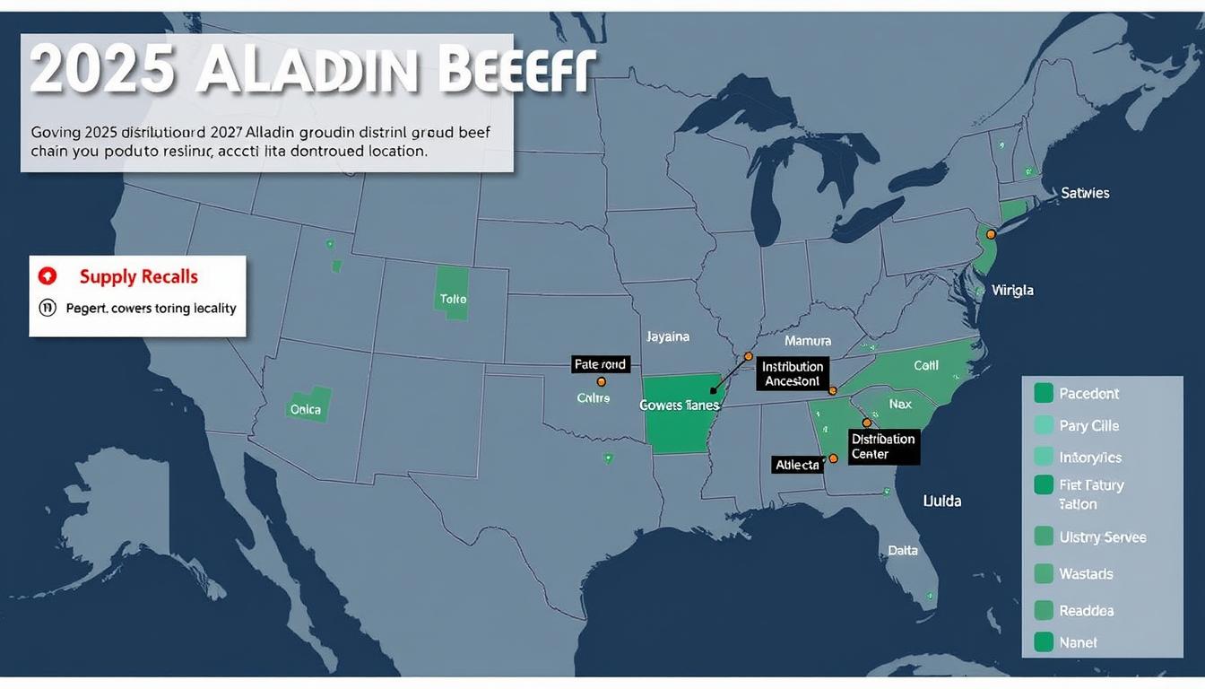 A detailed distribution map of the 2025 Aladdin ground beef recall, showcasing the affected regions and supply chain channels. The map is presented in a realistic, cartographic style with accurate geographic details and clearly marked state boundaries. Muted tones of blue, green, and gray create a somber, informative atmosphere. Major highways, distribution centers, and retail locations are highlighted, allowing viewers to visualize the scale and reach of the product recall. The map is presented with a clean, uncluttered layout, emphasizing the critical data points necessary to understand the situation.