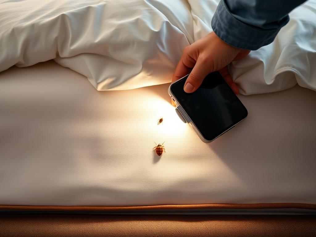 Close-up of hotel mattress seam being inspected for bed bugs