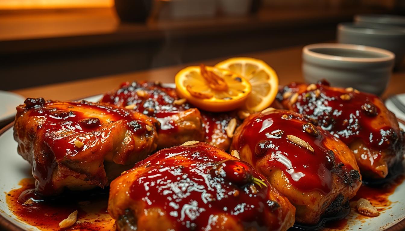 A modern take on the classic Indonesian grilled chicken in sweet and spicy kecap sauce. In the foreground, juicy chicken thighs coated in a glistening glaze of deep brown kecap manis, chili peppers, and aromatic spices. The middle ground features charred lemon slices and a scattering of crisp fried shallots, adding complexity and texture. The background hints at a contemporary setting, with clean lines and minimalist ceramic tableware. Warm, golden lighting casts a soft, inviting glow, heightening the dish's appetizing appeal. The overall mood is one of elevated, modern Indonesian cuisine - a seamless blend of tradition and innovation.