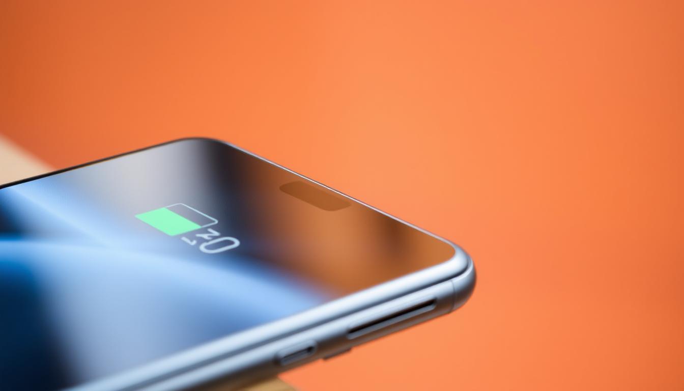 A close-up view of a sleek and modern POCO F7 smartphone, its metallic chassis gleaming under soft, diffused lighting. The screen displays a detailed battery level indicator, showcasing the device's impressive battery life. The camera lens protrudes subtly, hinting at the phone's advanced photographic capabilities. In the background, a muted gradient of warm tones creates a sense of depth and sophistication, complementing the device's premium design. The overall composition emphasizes the POCO F7's power and endurance, reflecting its role as a reliable companion for the modern user.