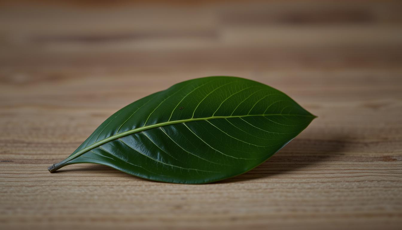 Daun salam, a fragrant bay leaf from Indonesia, resting on a wooden surface. The leaf's dark green, glossy surface is illuminated by soft, diffused lighting from the side, casting gentle shadows that accentuate its natural texture and form. The background is blurred, creating a simple, minimalist composition that allows the daun salam to be the focal point. The image conveys a sense of culinary simplicity and the importance of this humble ingredient in Southeast Asian cuisine.