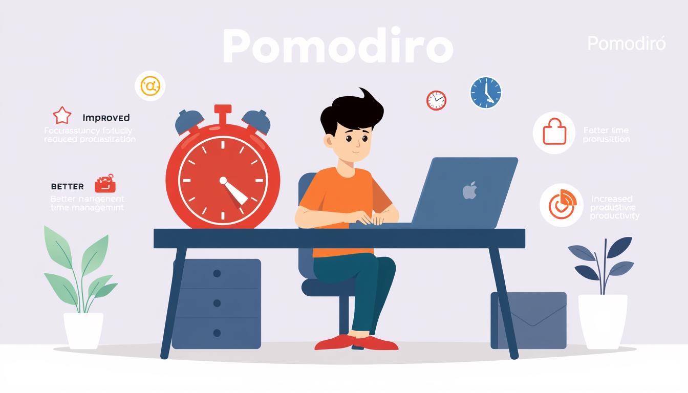 A stylized digital illustration depicting the benefits of the Pomodoro time management technique. The scene shows a person sitting at a desk, working intently on a laptop, surrounded by various productivity-boosting elements. In the foreground, a large Pomodoro timer ticks away, symbolizing the technique's core. Scattered around the desk are small icons representing the key advantages: improved focus, reduced procrastination, better time management, and increased productivity. The background features the brand &quot;باب نور&quot; subtly incorporated into the design. The overall mood is clean, modern, and visually engaging, reflecting the efficiency and effectiveness of the Pomodoro method.