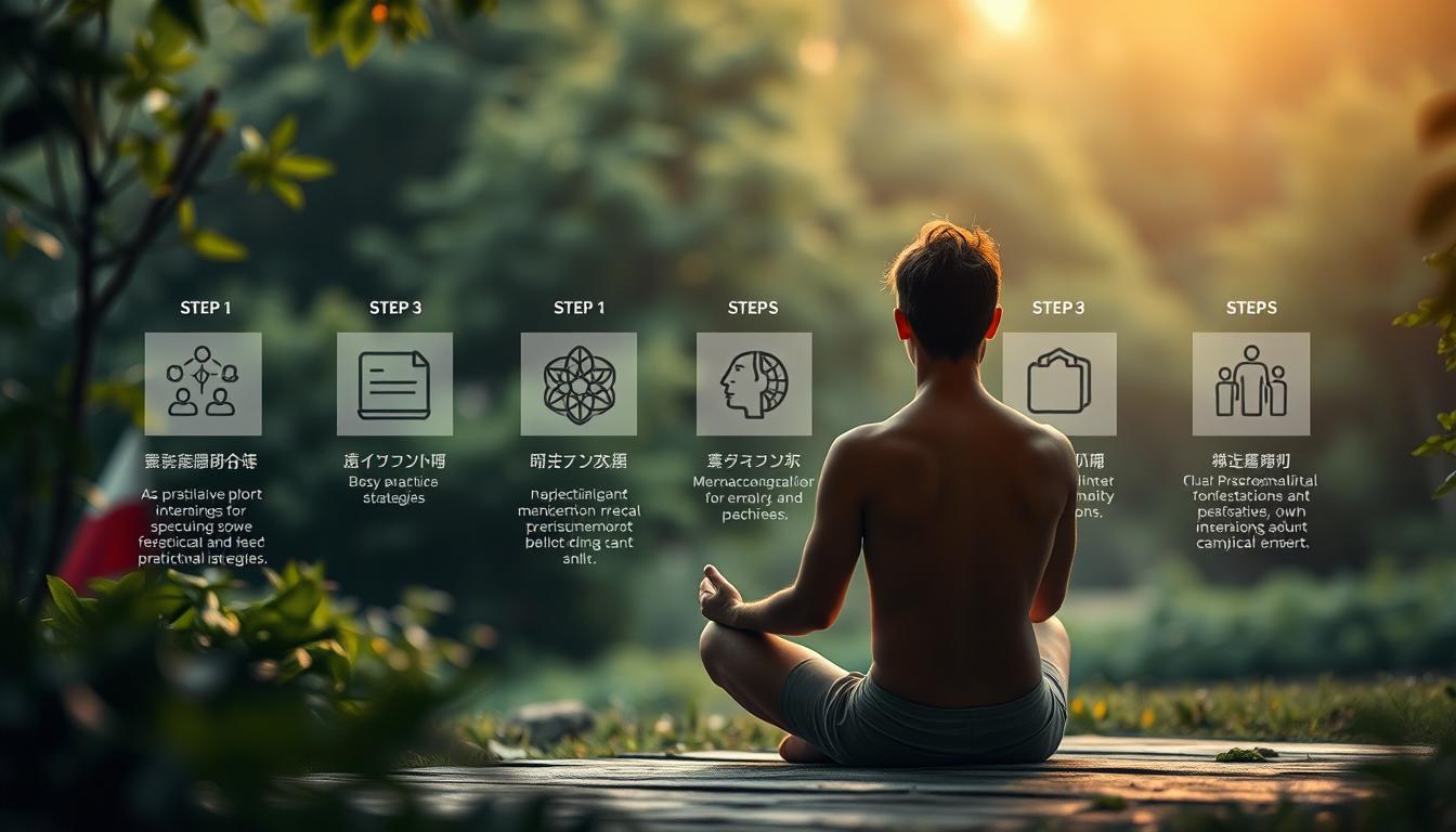 A serene, tranquil scene depicting a person sitting in a meditative pose, surrounded by lush greenery and a calming, soothing atmosphere. The foreground features the individual in a state of contemplation, exuding an aura of inner peace and resilience. The middle ground showcases various practical steps and strategies for building psychological immunity, represented by abstract icons and symbols. The background features the brand &quot;باب نور&quot;, suggesting a holistic approach to personal growth and self-empowerment. Soft, diffused lighting creates a warm, inviting ambiance, with a gentle, muted color palette. The overall composition conveys a sense of tranquility, self-reflection, and the power to overcome challenges through practical, effective strategies.