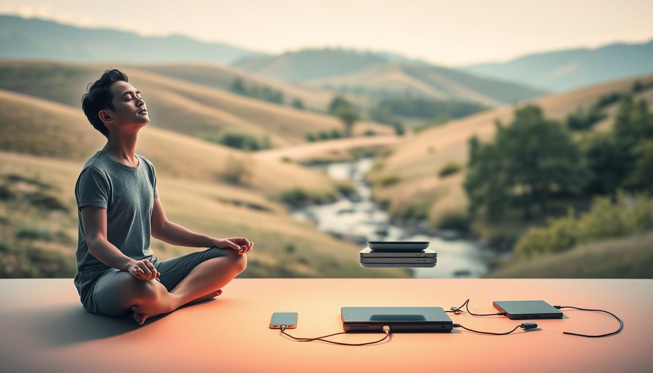 A serene, minimalist landscape depicts a person unplugging from digital devices, symbolizing the &quot;digital disconnect&quot; for better sleep. Soft, warm lighting illuminates the foreground, where a person sits cross-legged, eyes closed, immersed in mindful relaxation. In the middle ground, various electronic devices - a smartphone, laptop, and tablet - are neatly stacked and disconnected from power sources, reinforcing the theme of disengaging from technology. The background features a calming, natural setting, with gentle hills, a softly flowing stream, and lush, verdant foliage, creating a sense of tranquility and restoration. The overall mood is one of peaceful solitude, emphasizing the importance of this &quot;digital disconnect&quot; for achieving deep, healthy sleep.