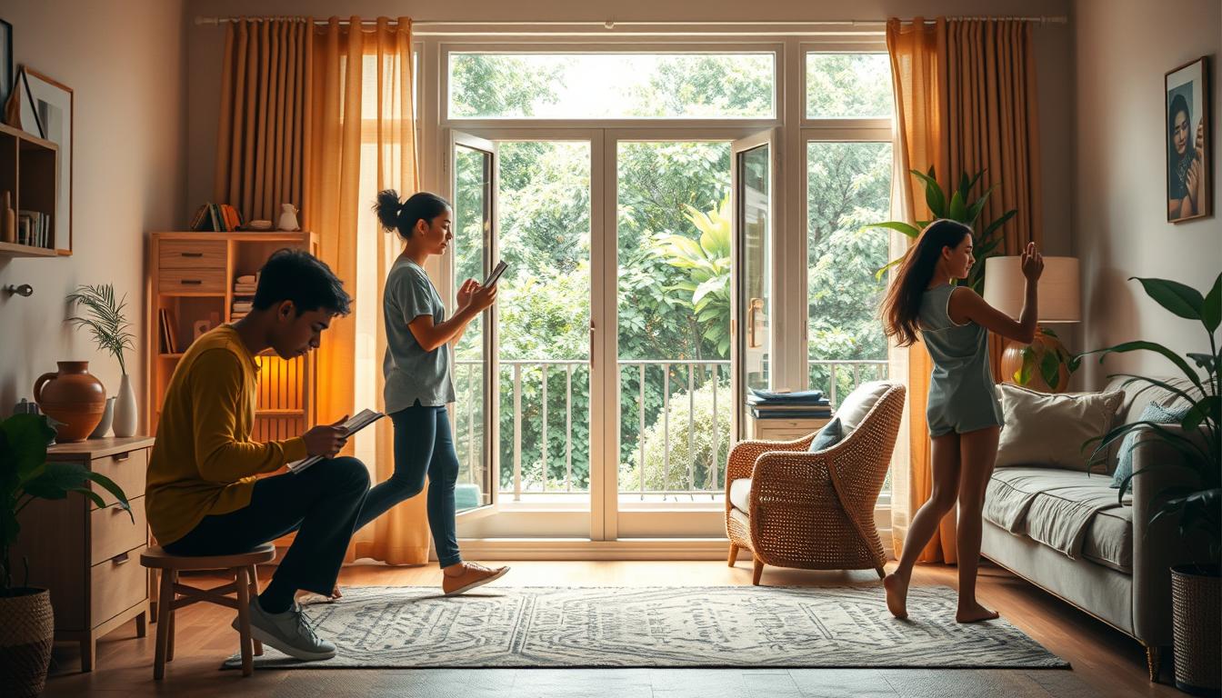 A vibrant, dynamic scene depicting the flexible daily routine of an individual inspired by the &quot;باب نور&quot; brand. In the foreground, a person moves fluidly between various tasks - writing, reading, meditating, and exercising. The middle ground showcases a cozy, well-lit home interior with warm, earthy tones. In the background, a window offers a glimpse of a lush, verdant outdoor setting, conveying a sense of balance and connection with nature. Soft, diffused lighting casts a tranquil, contemplative mood, while the overall composition suggests the harmonious integration of structured and unstructured elements in a personalized, adaptable daily rhythm.