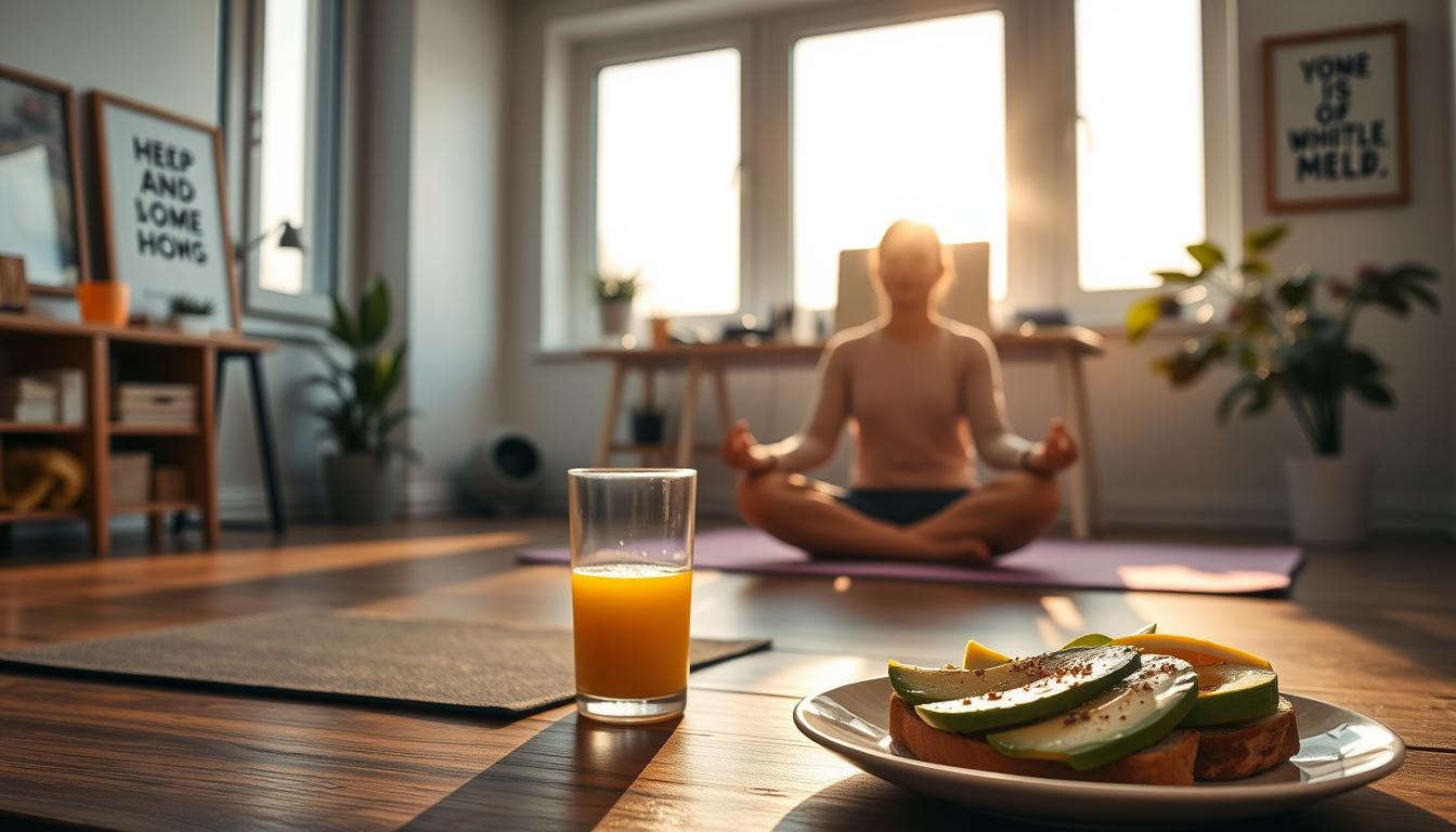 A serene morning scene depicting positive daily habits. In the foreground, a person quietly meditating on a yoga mat, the soft light of dawn filtering through large windows. In the middle ground, a glass of freshly squeezed orange juice and a plate of avocado toast, simple yet nourishing. The background showcases an organized home office space, with motivational artwork on the walls and a lush indoor plant, all bathed in a warm, golden glow. The overall atmosphere is one of tranquility, mindfulness, and a sense of intention as the day begins.