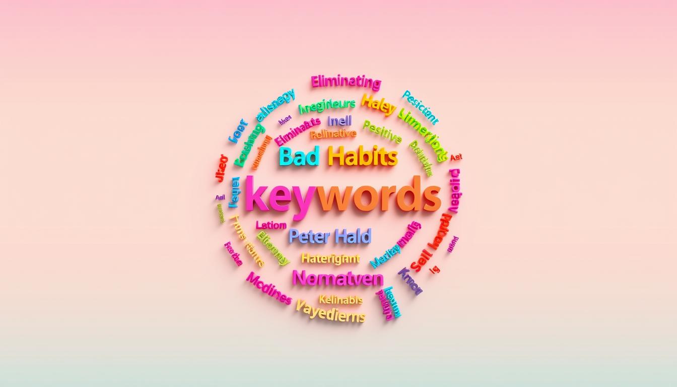 A vibrant and minimalist illustration showcasing the distribution of keywords. The layout features a central circular arrangement of various-sized words, each with a distinct color and font, creating a sense of visual hierarchy and balance. The background is a soft, gradient-based palette that provides a clean and modern aesthetic, allowing the keywords to take center stage. The overall composition is accentuated by subtle shadows and a gentle lighting source, giving the image a polished and professional look. The arrangement of the keywords reflects the key themes of the article section, including &quot;Bad Habits, Eliminating Negative Habits, Positive Habits, Self-Development, and Improvement.&quot;
