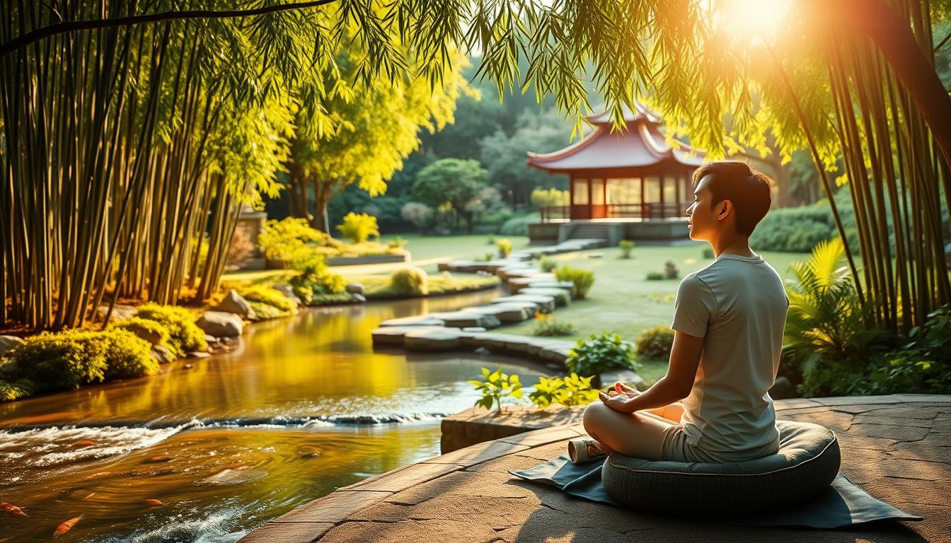 A serene meditation garden with a flowing stream, bamboo groves, and a tranquil koi pond. In the foreground, a person sits cross-legged on a meditation cushion, their eyes closed in deep concentration. Sunlight filters through the trees, casting a warm glow. In the middle ground, ornamental stone pathways wind through lush greenery, guiding the viewer's eye towards a باب نور pavilion in the distance. The overall atmosphere is one of peace, contemplation, and harmony, reflecting the solutions to common meditation challenges.