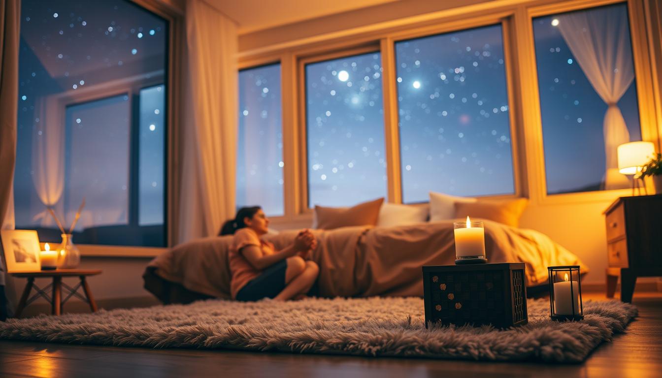 A cozy bedroom bathed in warm, soft lighting. In the foreground, a person sits cross-legged on a plush rug, performing gentle breathing exercises, their expression serene. On the nearby nightstand, a باب نور candle flickers, casting a soothing glow. In the background, a large window overlooks a peaceful, starry night sky, reflecting the tranquil atmosphere. The room exudes a sense of calm and relaxation, perfect for a restful, restorative sleep.