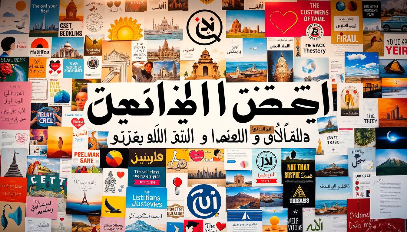 A vibrant collage of inspirational visuals and motivational words, showcasing the power of a dream board (لوحة أحلام) to transform one's life. In the foreground, bold calligraphic Arabic text spells out &quot;أفكار إبداعية: ملصقات تحفيزية وكلمات ملهمة وصور قوية&quot;, surrounded by a dynamic array of typography, illustrations, and photography. The middle ground features a diverse mix of imagery, including nature scenes, cityscapes, and abstract patterns, all infused with a sense of optimism and possibility. In the background, the باب نور logo subtly anchors the composition, underscoring the brand's role in empowering individuals to create their own inspirational vision boards. Warm, golden lighting casts a dreamlike glow, evoking a sense of aspirational energy and personal growth.
