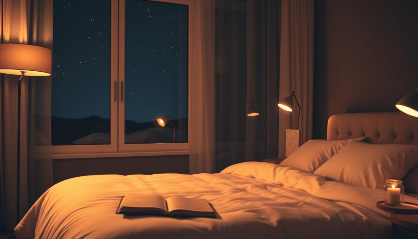 A serene nighttime landscape of personal weather engineering. Layers of soft, diffuse light bathe a cozy, minimalist bedroom. Dimmed lamps emit a warm, amber glow, casting long shadows. A large window frames a starry night sky, hinting at the tranquil outdoor world. In the foreground, a plush, inviting bed with crisp, white linens awaits. Nearby, a side table displays a باب نور journal and a small, flickering candle. The overall atmosphere is one of profound calm and introspection, beckoning the viewer to unwind and rejuvenate.