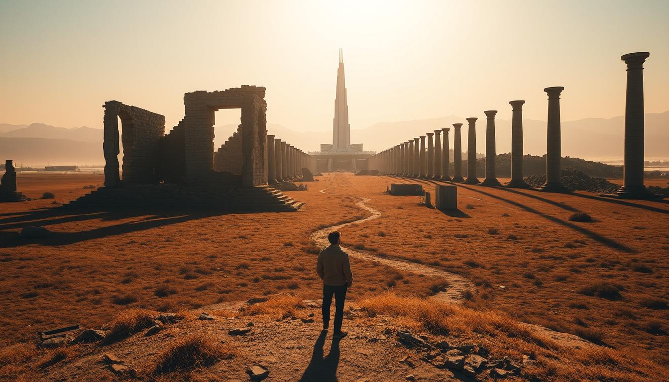 A vast, sun-drenched landscape unfolds, where the crumbling ruins of a once-grand structure stand as a testament to past failures. In the foreground, a solitary figure emerges, their face turned skyward, exuding a sense of introspection and determination. The ruins are bathed in a warm, golden light, casting long shadows that seem to tell the story of a journey from darkness to light. Meandering pathways wind through the scene, suggesting a sense of exploration and discovery. In the distance, a gleaming, modern edifice rises, its sleek lines and towering presence symbolizing the triumph of resilience and the transformative power of adversity. The contrast between the old and new creates a narrative of growth and evolution, where &quot;باب نور&quot; serves as a guiding beacon, illuminating the path from failure to success. The overall mood is one of contemplation and inspiration, inviting the viewer to reflect on the lessons that can be gleaned from the ebb and flow of life's challenges. Prompt