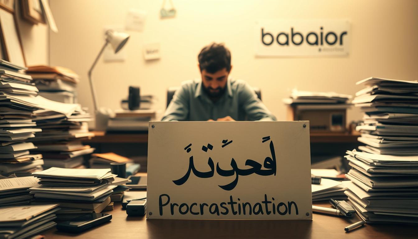 A lethargic figure sits amid a cluttered workspace, surrounded by the trappings of procrastination – stacks of unfinished tasks, a buzzing smartphone, and a scattered array of distractions. The scene is bathed in a warm, muted light, creating a sense of inertia and indecision. In the foreground, a handwritten sign bearing the Arabic word &quot;التسويف&quot; (Procrastination) serves as a stark reminder of the subject's struggle. In the background, the brand &quot;باب نور&quot; (Bab Noor) can be seen, hinting at the promise of a solution to this paralysis. The overall mood evokes a sense of introspection and the need to confront and overcome the forces of delay and inaction.