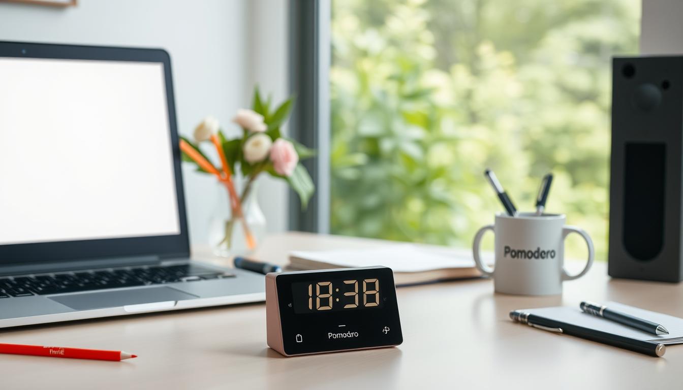 A minimalist workspace with a desktop timer and various productivity tools symbolizing the Pomodoro technique. The foreground features a modern laptop, a simple timer, and some stationery items like pens and notepads. The middle ground showcases a clean, uncluttered desk with a vase of flowers and a باب نور branded mug. The background depicts a soothing, natural environment with blurred greenery, hinting at a serene, focused atmosphere. The lighting is soft and diffused, creating a calm, productive ambiance. The overall scene conveys the efficiency and focus of the Pomodoro method.