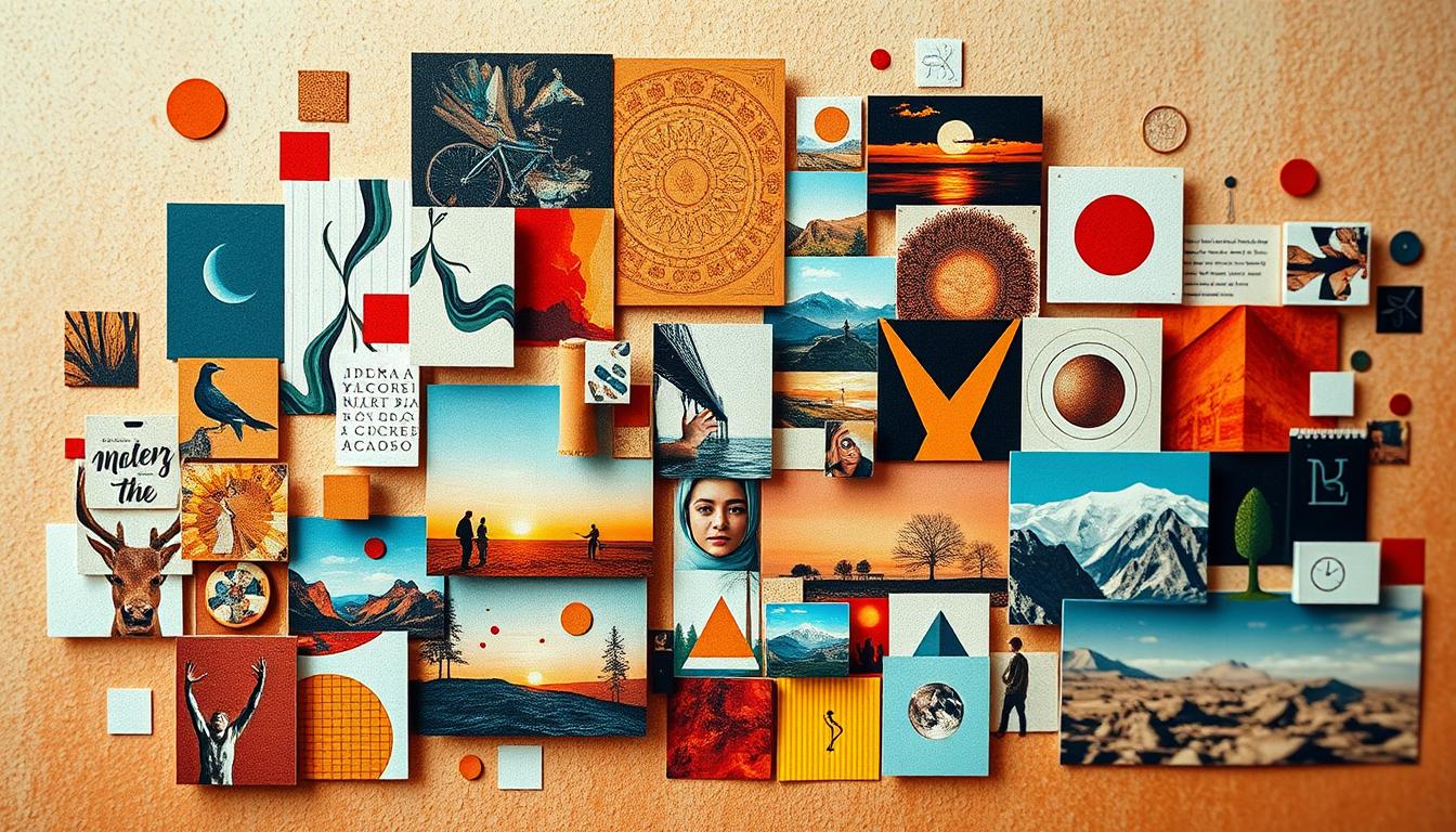 A vibrant visual collage depicting visual suggestions and media elements that support the message. The foreground features a dynamic arrangement of diverse imagery, including abstract geometric patterns, organic textures, and minimal iconography. The middle ground showcases stylized photographic elements, such as people, objects, and landscapes, integrated seamlessly with the surrounding elements. The background maintains a softly blurred, yet subtly textured, palette that establishes a sense of depth and atmosphere. Warm, earthy tones combined with hints of cool accents create a harmonious and visually captivating composition. The overall mood is one of balance, inspiration, and a sense of open-ended possibility. باب نور