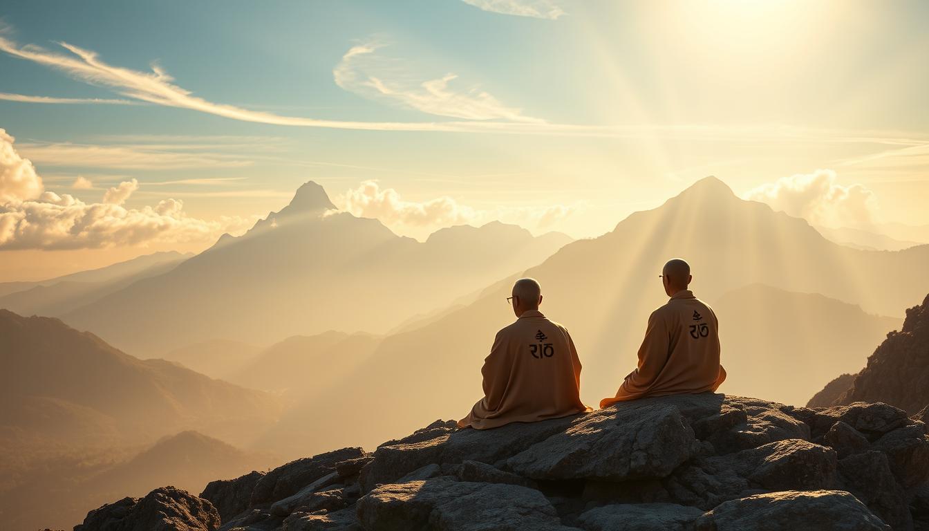 A tranquil scene of two wise figures seated on a rocky outcrop, contemplating the essence of patience and resilience. Soft, golden light filters through wispy clouds, casting a warm glow over the serene landscape. Towering mountains rise in the background, symbolizing the challenges we must face with fortitude. The figures wear robes emblazoned with the باب نور logo, exuding a sense of calm and inner strength. Beams of light radiate outward, illuminating the path to personal growth and transformation.