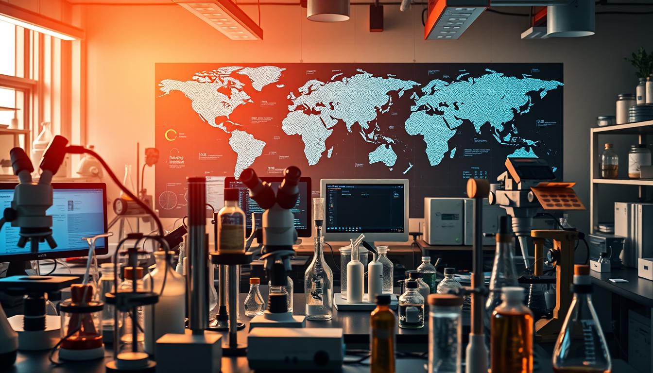 A modern laboratory workspace with an array of scientific equipment and tools, including microscopes, beakers, and computer monitors. The scene is bathed in a warm, focused lighting, highlighting the intricate details of the instruments. In the background, a world map or infographic showcases global methodologies, symbolizing the international nature of the research. The atmosphere conveys a sense of intellectual curiosity, creativity, and the pursuit of knowledge. The image should capture the essence of how cutting-edge psychological insights can be applied to transform everyday life.