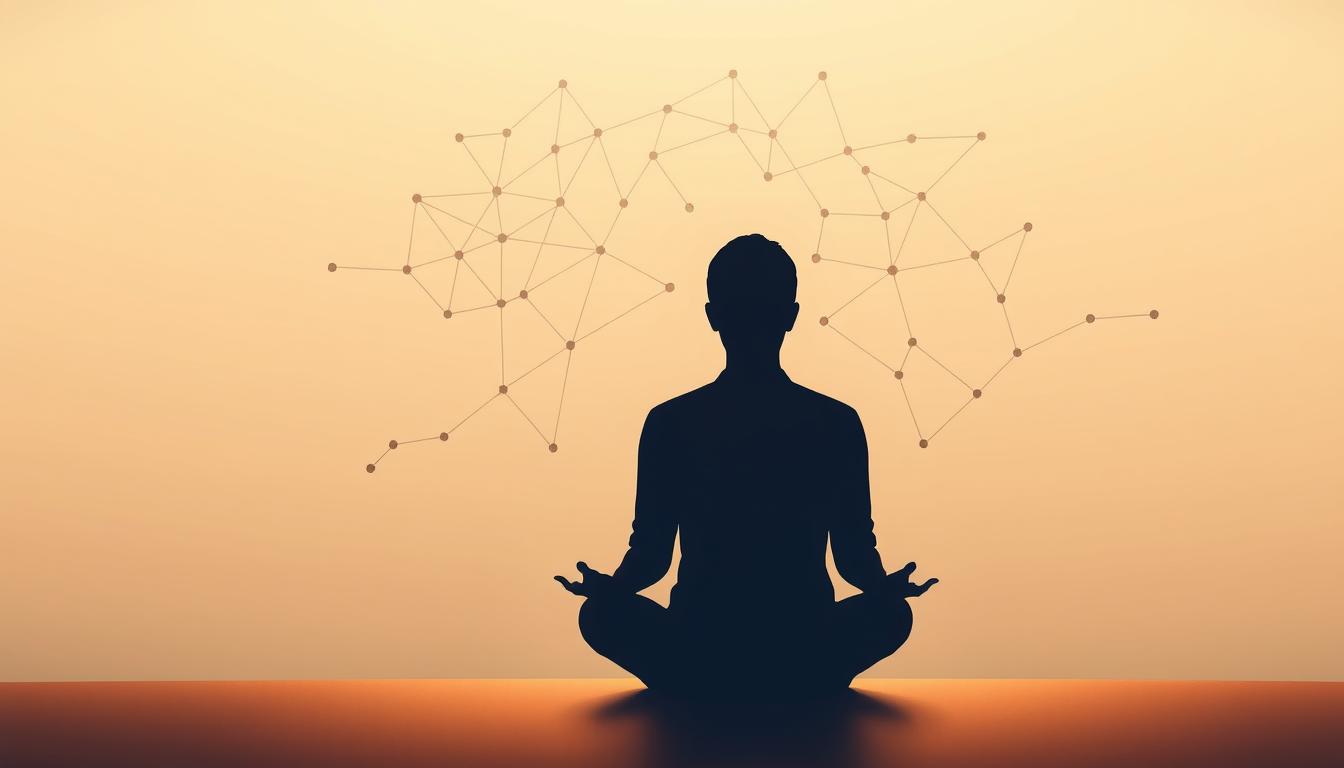 A serene and contemplative illustration of the concept &quot;استراتيجيات تطوير الذات&quot;. In the foreground, a lone figure sits in a meditative pose, their face obscured, symbolizing the introspective journey of self-improvement. Surrounding them, a delicate lattice of interconnected nodes and pathways, representing the network of strategies and techniques for personal growth. The background is a soft, muted gradient, conveying a sense of calm and focus. The lighting is warm and diffused, creating a gentle, introspective atmosphere. The overall composition suggests a harmonious balance between the individual's inner journey and the broader framework of self-development strategies.