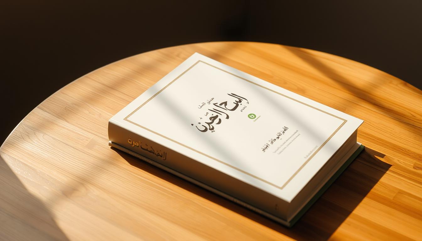 A softly illuminated book titled &quot;دليل استثمار الحكم اليومي&quot; sits atop a wooden table, surrounded by a minimal, neutral-toned backdrop. The book's cover features the brand name &quot;باب نور&quot; in calligraphic Arabic script, exuding a sense of timeless wisdom. Warm, natural lighting casts subtle shadows, creating a contemplative, introspective atmosphere. The composition invites the viewer to engage with the content, hinting at the practical insights within that can guide personal growth and transformation.