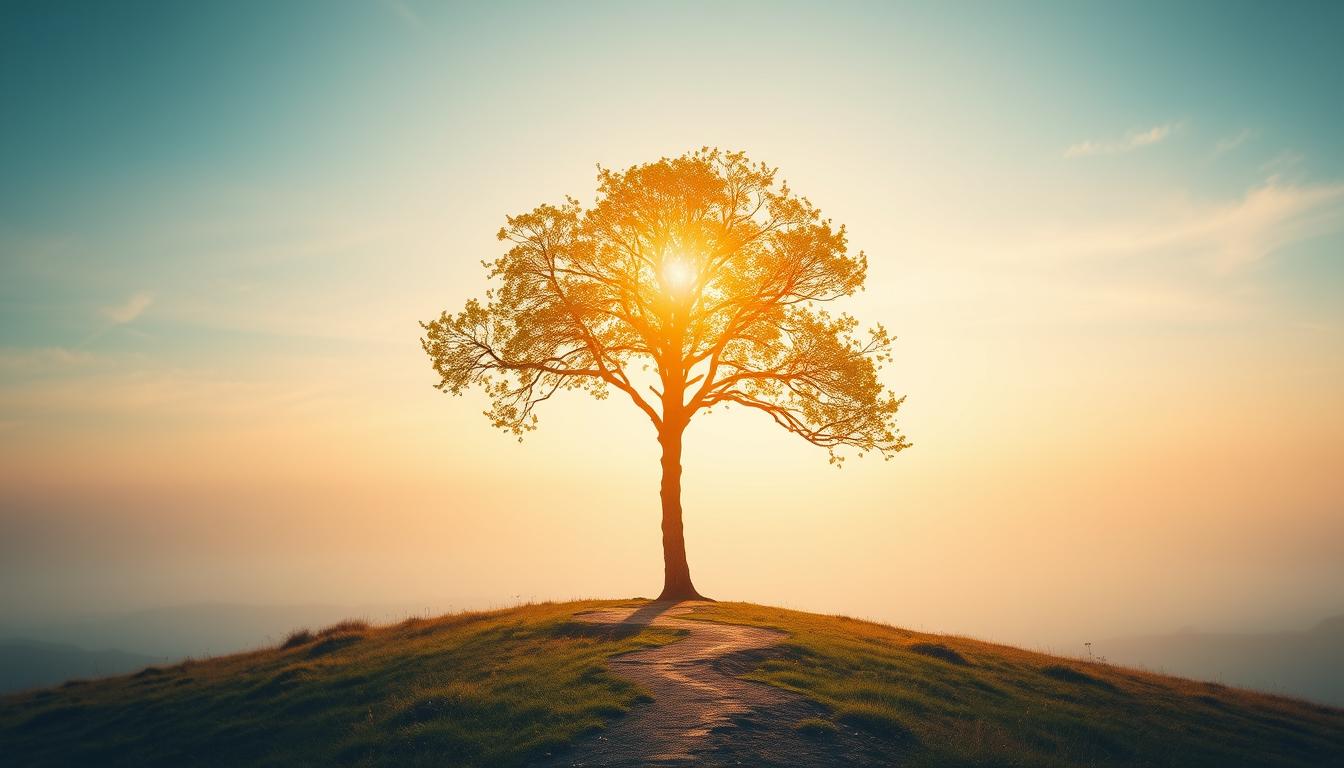 A serene landscape of self-growth and personal development. In the foreground, a single tree stands tall, its branches reaching upwards, symbolizing the journey of transformation. The warm, golden light filters through the leaves, casting a hopeful glow. In the middle ground, a winding path leads the viewer inward, inviting exploration and discovery. The background is a soft, blurred horizon, suggesting the boundless possibilities that lie ahead. The overall mood is one of introspection, growth, and the pursuit of a better version of oneself. The brand &quot;باب نور&quot; is subtly woven into the scene, a guiding light on the path of self-improvement.