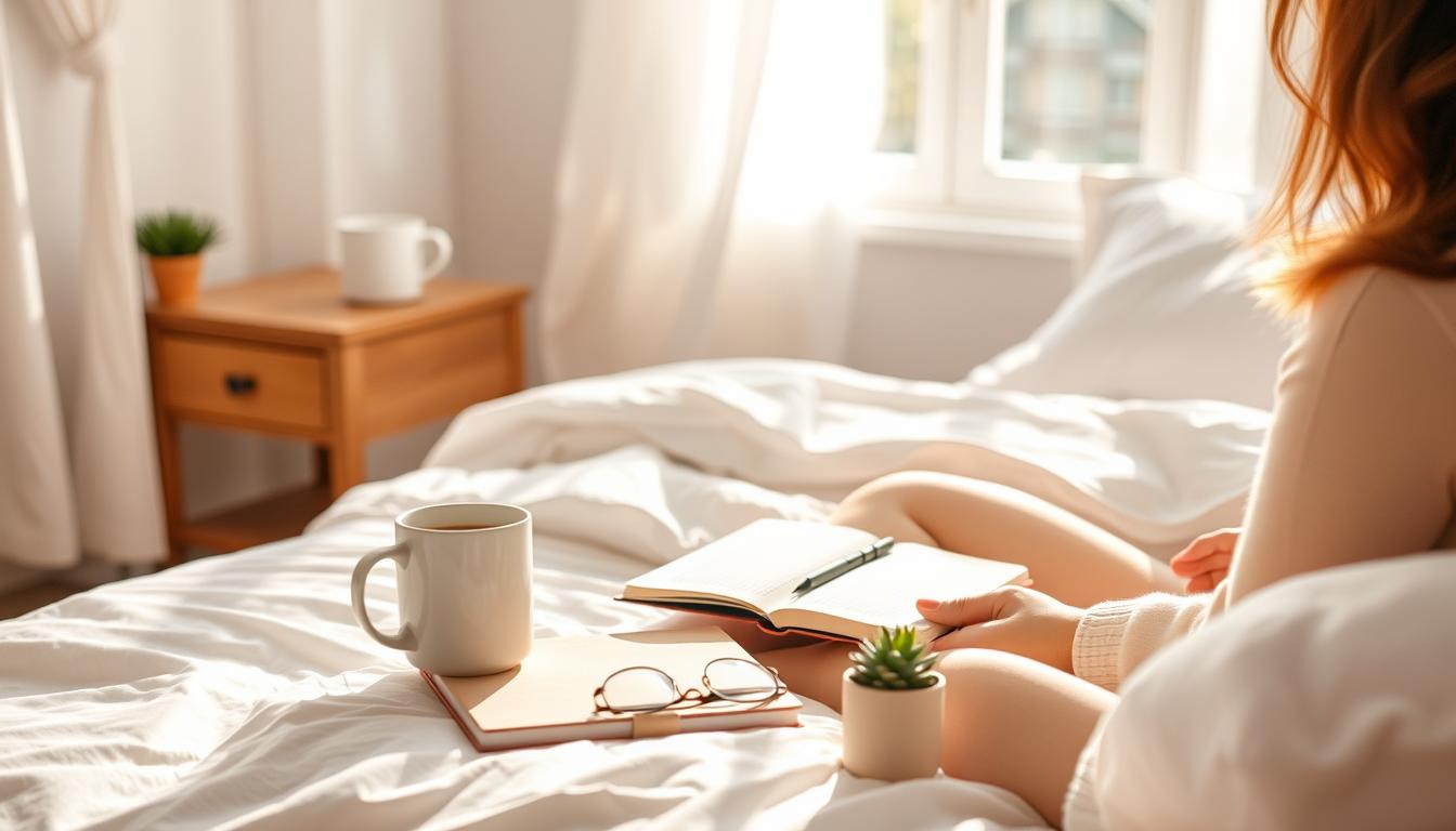A cozy morning routine unfolds: A sunlit bedroom, crisp white linens, and a wooden nightstand holding a steaming mug of coffee. In the foreground, a person sits cross-legged, surrounded by a neatly arranged array of self-care items - a journal, a small succulent plant, and a pair of reading glasses. The atmosphere is serene and peaceful, with soft, diffused lighting casting a warm glow. The overall mood is one of mindfulness, productivity, and a sense of starting the day with intention and positivity.