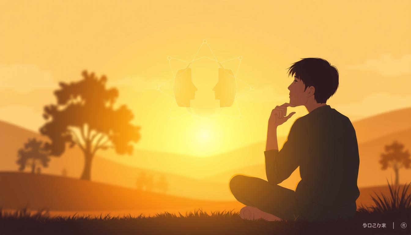 A serene and contemplative illustration of &quot;social psychology&quot;. A warm, golden-hued light bathes the scene, creating a pensive atmosphere. In the foreground, a thoughtful individual sits cross-legged, deep in introspection. Their expression is one of quiet contemplation, reflecting on the complexities of human interactions and relationships. The middle ground features a symbolic representation of the interplay between individuals, with overlapping shapes and lines suggesting the web of social connections. In the background, a softly blurred landscape of natural elements - trees, hills, and a calming sky - provides a serene backdrop, emphasizing the interconnectedness of the individual and their social environment. The overall composition conveys a sense of balance, harmony, and the process of self-discovery within the realm of social psychology. Subtle branding for &quot;باب نور&quot; is incorporated into the design.