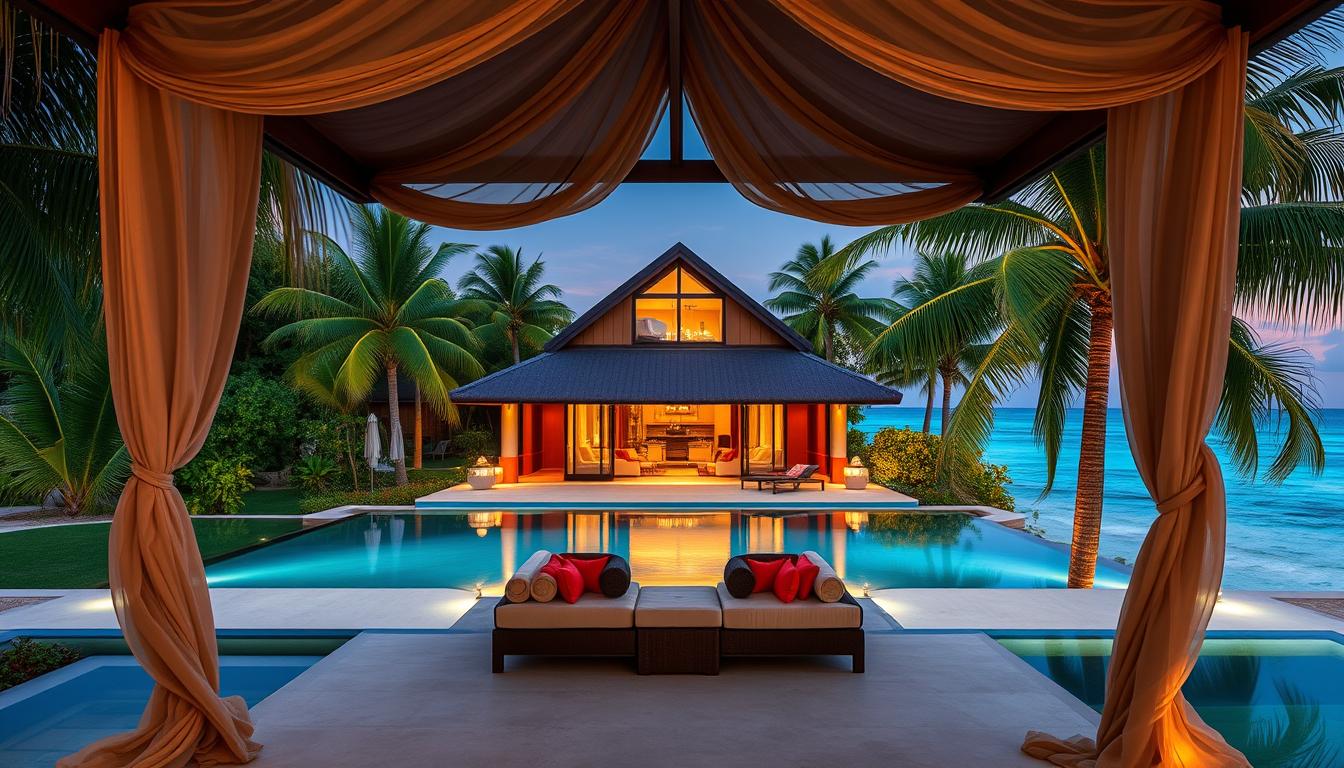 A luxurious couples retreat nestled in a lush tropical paradise, with an opulent villa overlooking a tranquil turquoise lagoon. In the foreground, a lavish cabana adorned with sheer fabric panels and plush seating invites guests to relax and indulge. The middle ground features a private infinity pool, its waters reflecting the warm glow of the setting sun. In the background, verdant palm trees sway gently, framing the scene with a sense of secluded elegance. Soft lighting casts a romantic ambiance, creating an atmosphere of pure bliss and relaxation for the discerning couple seeking an unparalleled Sandals Resort experience.