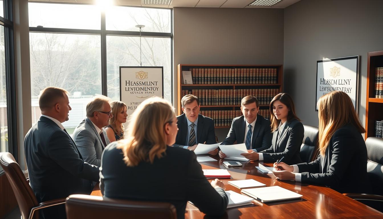 A bustling office interior, with a team of personal injury attorneys in Fresno, California, gathered around a conference table. Sunlight streams in through large windows, casting a warm glow on their professional attire. The attorneys, with a mix of seasoned experience and youthful energy, are engaged in a lively discussion, documents and files scattered across the table. The background features prominent law firm branding and a bookshelf lined with legal tomes, conveying a sense of expertise and authority. The mood is one of determined focus, as the attorneys work to ensure the best possible outcomes for their clients.