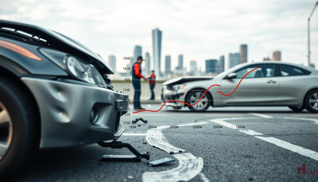 A detailed, photo-realistic image of a car accident scene with two vehicles colliding, showcasing the expenses and legal fees associated with a car accident lawsuit. The foreground depicts the crumpled cars, skid marks, and emergency responders on the scene. The middle ground highlights a line graph comparing the average legal fees charged by car accident lawyers in different scenarios. The background sets the scene with a city skyline in the distance, conveying an urban environment. The lighting is natural, with a slightly overcast sky casting a soft, diffused illumination. The camera angle is positioned at eye level, providing a comprehensive view of the entire scene.