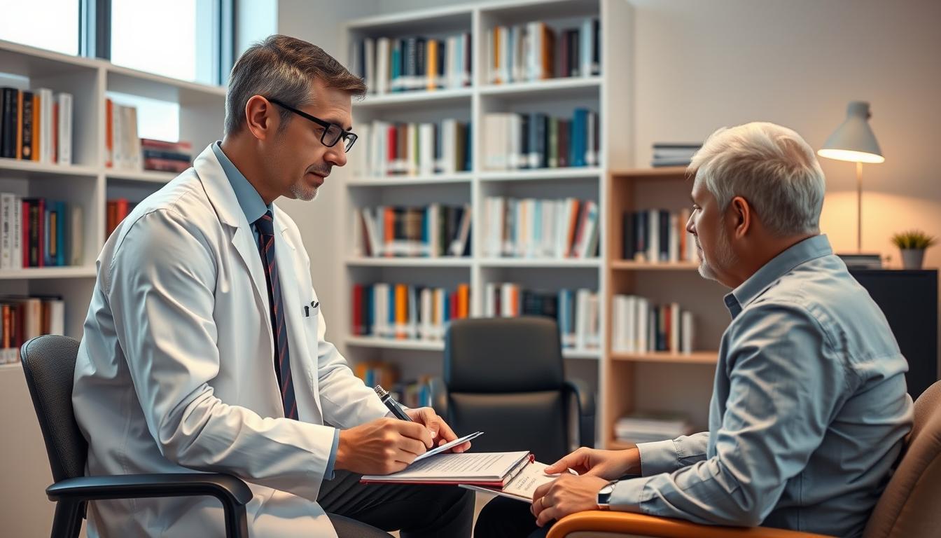 A psychologist in a professional office setting conducting an assessment with a client