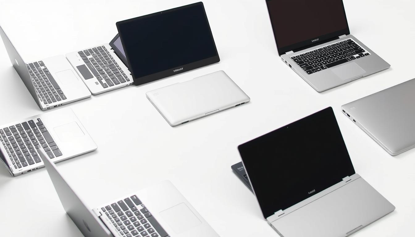 A well-lit, high-resolution image of the latest mid-range college laptops laid out on a clean white background, showcasing their technical specifications and performance capabilities side-by-side. The laptops should be angled to display their screens, keyboards, and ports clearly. Employ a crisp, professional product photography style with balanced lighting and subtle shadows to highlight the devices' sleek, modern designs. Capture the laptops from a slightly elevated perspective to provide an overview, creating a sense of comparison and evaluation between the different models.