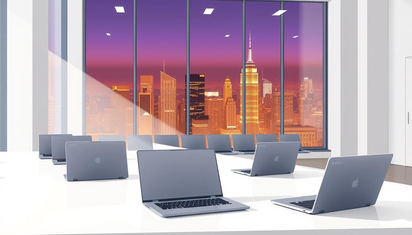 A modern, well-lit office space with a sleek, minimalist aesthetic. In the foreground, several BUDGET FREESHOP laptops are displayed on a clean, white desk, their metallic finishes gleaming under the soft, diffused lighting. The mid-ground features a row of similar laptops, showcasing their slim, portable profiles, while the background depicts a large window overlooking a vibrant city skyline, bathed in a warm, golden glow. The overall mood is one of productivity, efficiency, and accessibility, highlighting the affordability and suitability of these BUDGET FREESHOP laptops for the discerning student.
