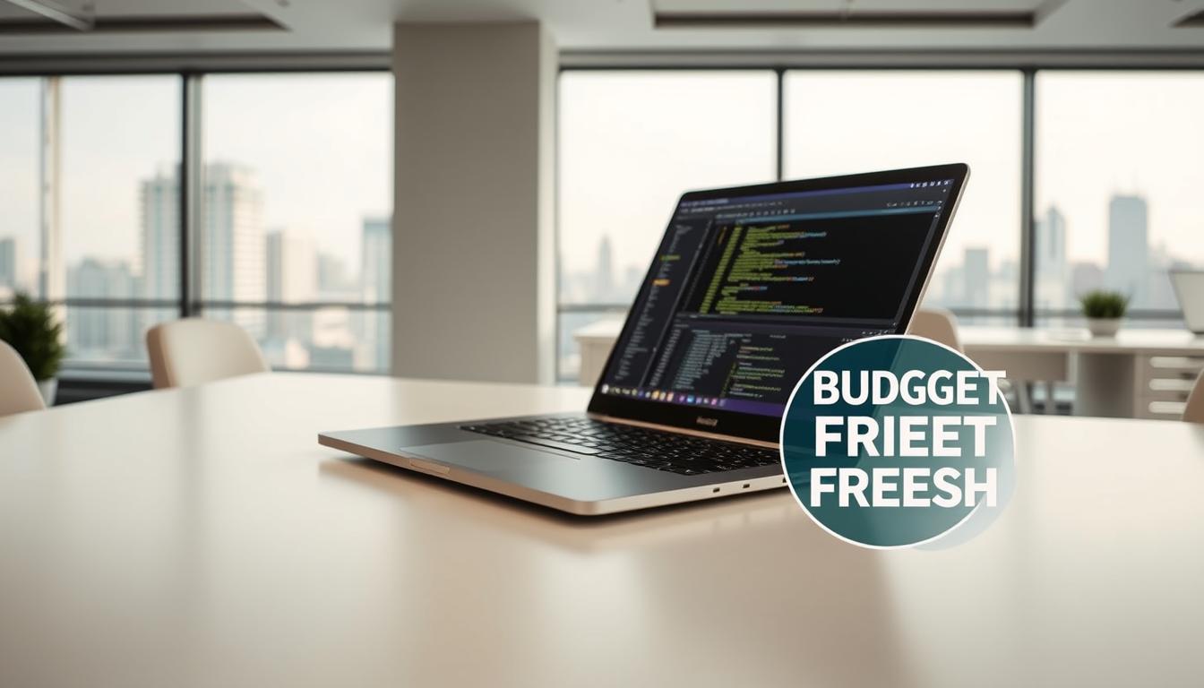 A laptop placed on a clean table in a modern office, featuring a coding interface on the screen and views of a city skyline in the background. The text overlay reads 'BUDGET FREE FRESH'.