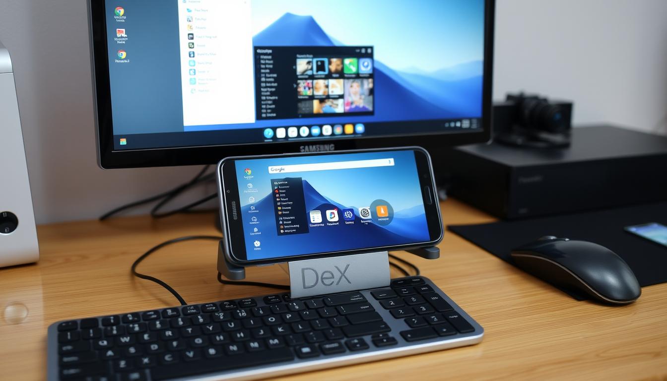 Generate an image of a Samsung phone connected to a monitor, keyboard, and mouse, showcasing the DeX interface.