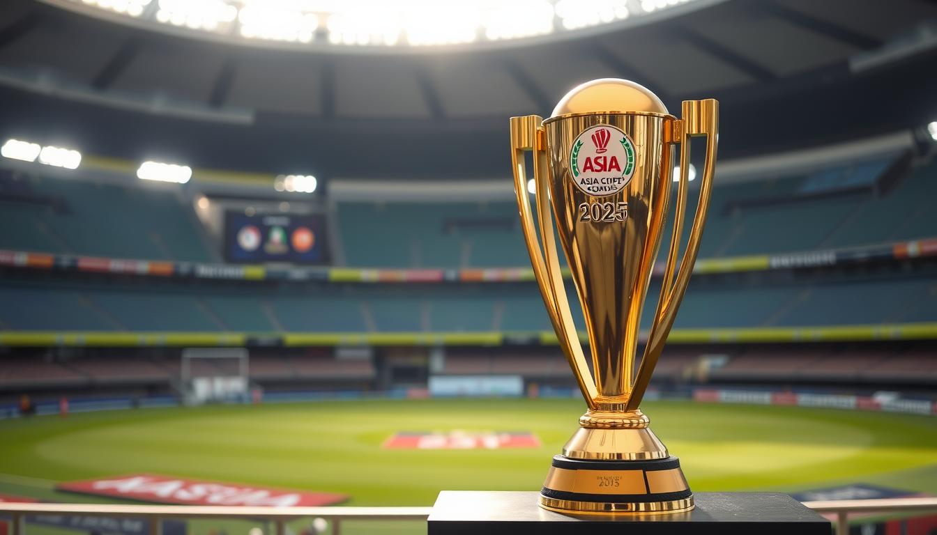 Asia Cup trophy with stadium background