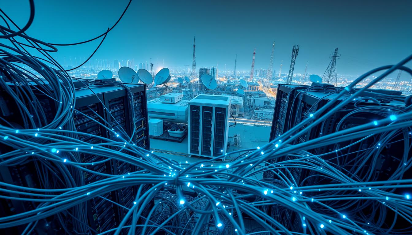 A bird's-eye view of the intricate network of the Kuwaiti internet infrastructure. In the foreground, a dense web of fiber-optic cables and network hubs, pulsing with digital data. The middle ground features towering server racks, cooled by powerful air conditioning units, while in the background, satellite dishes and cellular towers dot the skyline, enabling wireless connectivity. The scene is bathed in a cool, electric-blue lighting, creating a sense of technological sophistication and efficiency. The overall composition conveys the complexity and scale of the systems that power the internet in Kuwait, a vital backbone supporting the country's digital services and communications.