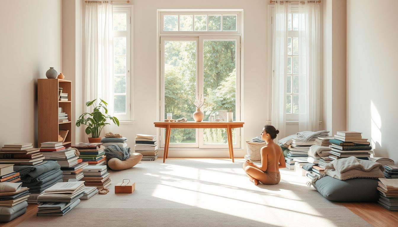 A serene, sun-dappled room filled with natural light. Soft, muted tones create a calming atmosphere. In the foreground, a person sits cross-legged on the floor, eyes closed, exuding a sense of peaceful focus. Surrounding them, piles of neatly organized possessions - books, trinkets, and textiles - demonstrate a mindful decluttering process. In the middle ground, a minimalist wooden table holds a single potted plant, a candle, and a few personal items. The background features a large window overlooking a lush, verdant garden, inviting a connection with nature. The overall scene conveys a sense of clarity, simplicity, and inner tranquility.