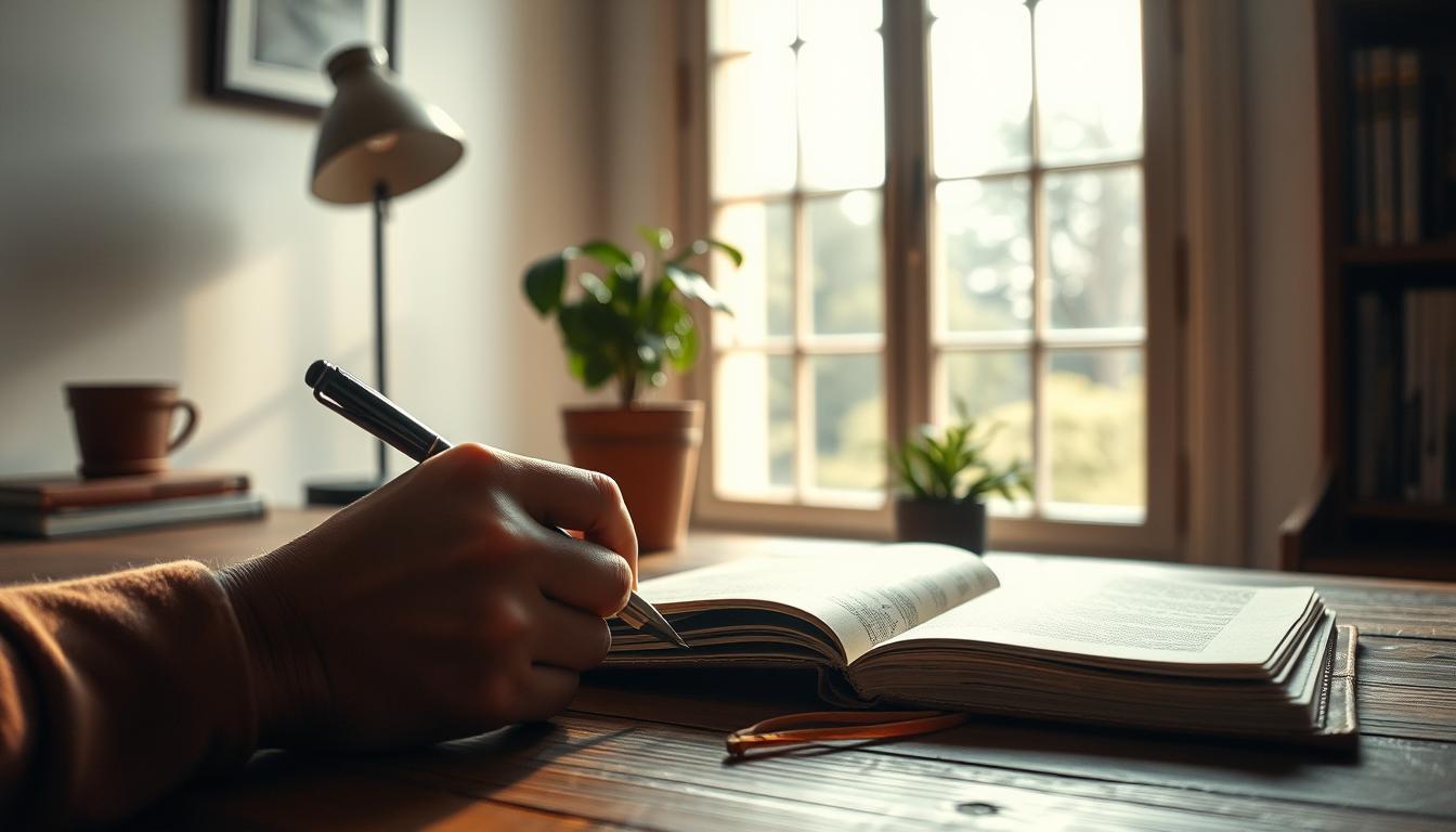 A serene, well-lit study with a wooden desk, a potted plant, and a leather-bound journal lying open. Soft natural light filters through a large window, casting a warm glow on the scene. In the foreground, a person's hands holding a pen, deep in contemplation as they write in the journal. Calm, earthy tones and a sense of focus and mindfulness permeate the atmosphere. A simplistic, uncluttered composition that invites the viewer to pause and reflect.