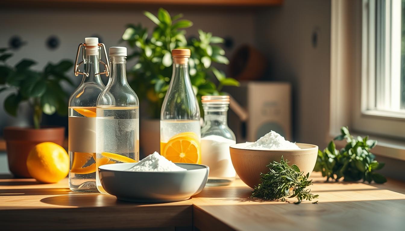 A warm, sun-dappled kitchen counter holds an array of natural cleaning products - glass bottles filled with citrus-infused vinegar, baking soda in a ceramic dish, and a bundle of fresh herbs. Soft, diffused lighting accentuates the texture of the wooden surface and the translucent liquids. In the background, verdant houseplants add a soothing, organic touch, hinting at the connection between nature and mindful, sustainable home care. The overall mood is one of simplicity, wellness, and environmental consciousness.