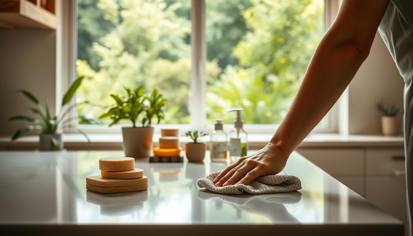 A serene, well-lit kitchen with soft, natural illumination. In the foreground, a person carefully wiping down a clean, gleaming countertop with a microfiber cloth, their movements slow and deliberate. Midground, an orderly arrangement of cleaning supplies - natural sponges, plant-based detergents, and a small potted plant - resting on the counter, conveying a sense of mindfulness. The background features a large window overlooking a lush, verdant garden, creating a calming, restorative atmosphere. Warm, earthy tones and a soft focus emphasize the tranquility of the scene, inviting the viewer to experience the meditative quality of the mindful cleaning process.