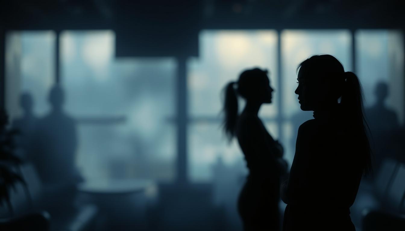 A dimly lit scene capturing the essence of nonverbal communication cues. In the foreground, a pair of figures engaged in a conversation, their body language and facial expressions conveying a sense of disconnection and tension. The middle ground features a backdrop of blurred, muted colors, evoking a sense of muted emotional atmosphere. In the background, subtle shadows and highlights suggest a sense of depth and mystery, creating an immersive and contemplative environment. The lighting is soft and moody, casting a subtle glow that enhances the overall sense of introspection and mindfulness. The scene is captured with a medium-wide angle lens, allowing for a balanced composition that invites the viewer to explore the nuances of the nonverbal interactions.