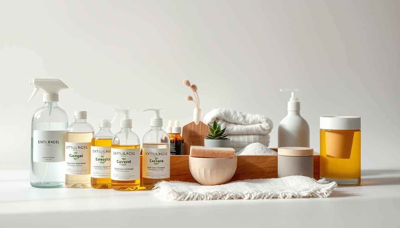A well-lit, minimalist still life showcasing an assortment of eco-friendly cleaning products. In the foreground, a variety of glass spray bottles and ceramic containers filled with natural cleansers, such as plant-based detergents, essential oil-infused surface sprays, and powdered scrubs. The middle ground features a wooden tray holding reusable cleaning cloths, plant-based sponges, and a small potted plant, conveying a sense of balance and simplicity. The background is a soft, neutral-toned backdrop, allowing the natural textures and colors of the products to take center stage. The overall mood is one of tranquility, inviting the viewer to imagine a mindful, sustainable approach to maintaining a spotless home.