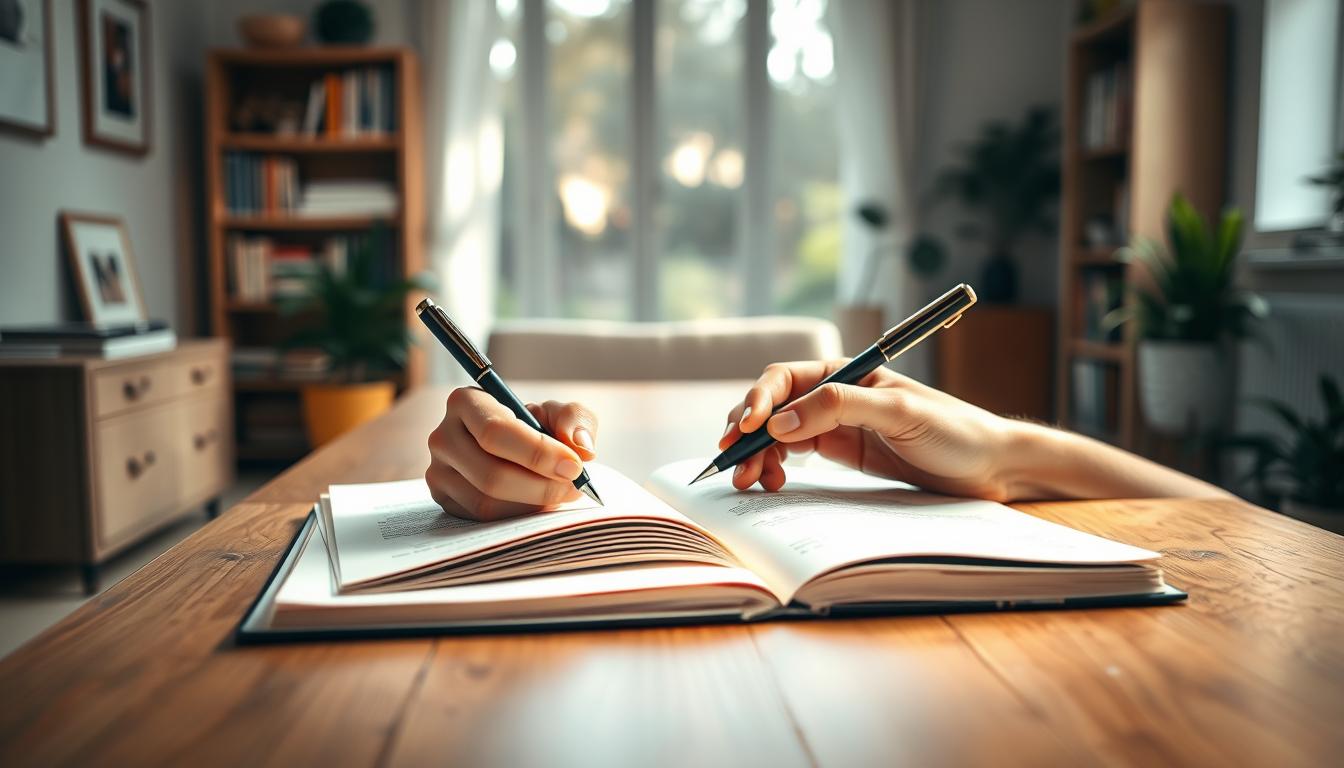 A serene home office setting with a wooden desk, natural light streaming through a window, and an open journal on the surface. Atop the journal, a pair of hands thoughtfully writing with a calligraphy pen. Soft, warm lighting illuminates the peaceful scene, evoking a sense of mindfulness and mental clarity. The background features simple yet elegant decor, with bookshelves and plants creating a calming atmosphere. The image conveys the restorative benefits of mindful journaling for mental health, encouraging introspection and self-reflection.